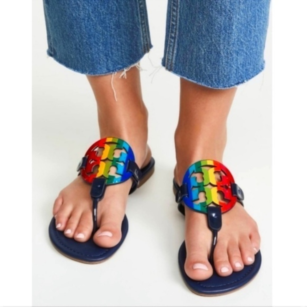 Tory Burch Miller Sandals 🌈 Double T Rainbow Slides Navy